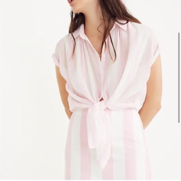 Madewell SET 🩷 Central Tunic In Cara Pink Stripe Button Down Top AND Skirt - Picture 5 of 12